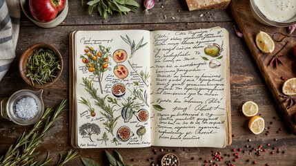 Botanical journal bridging art and culinary science. Handcrafted recipe archive with intricate illustrations of herbs and fruits. Traditional wisdom and modern gastronomy in a vintage inspiration