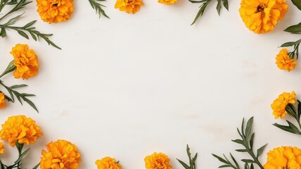Marigold sprigs, framing the edges of the image, central blank space for text, Watercolor style