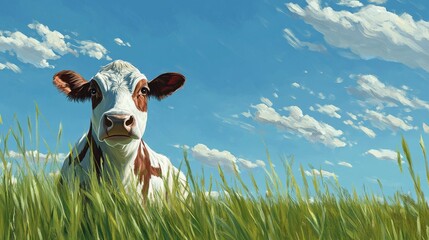 Portrait of a cow in a vibrant green pasture, with clear blue skies and a few scattered clouds.