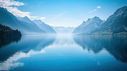 Fototapeta premium Still Mountain Lake with Reflection of Clouds and Peaks