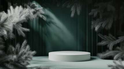 Christmas model with empty 3D platform. Decoration and stage with empty pedestal and Christmas atmosphere. Place for presentation of Christmas products.