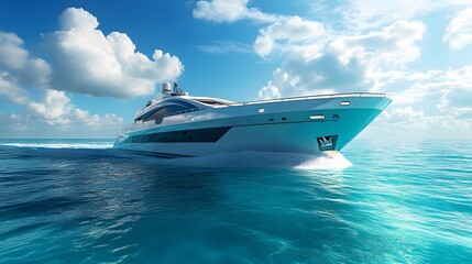 A sleek, modern yacht gliding through clear blue waters under a bright sky. Gentle waves ripple behind the yacht as it cuts through the ocean. 