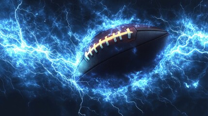 Obraz premium Electric blue lightning wraps around an American football, giving a sense of motion and excitement in a dynamic scene.