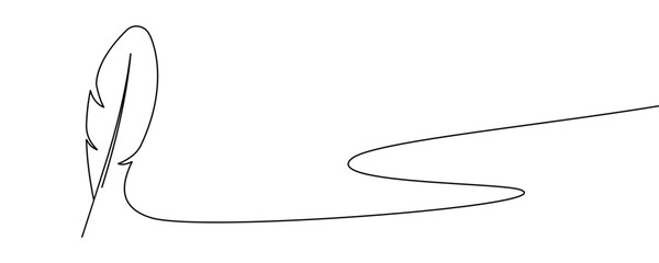 One continuous hand drawn bird feather on white background. Writes letter. Vector 10 EPS.