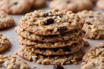 A stack of freshly baked oatmeal raisin cookies with visible oats and raisins, AI Generated
