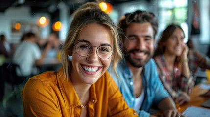 Fototapeta premium A cheerful woman wearing glasses smiles brightly during a casual meeting with friends or colleagues in a relaxed, modern workspace. 