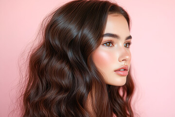 Naklejka premium A woman with long brown hair and a pink background