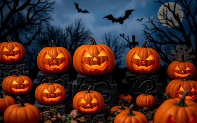 A spooky Halloween scene with glowing jack-o'-lanterns in a graveyard under a full moon. Perfect for your next Halloween project. 
