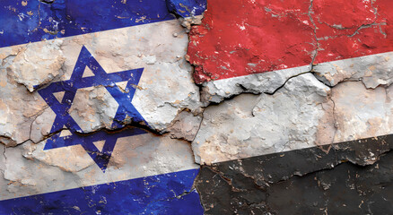Flags of Israel and Yemen, cracked stone texture, grunge background, concept of military and political conflict