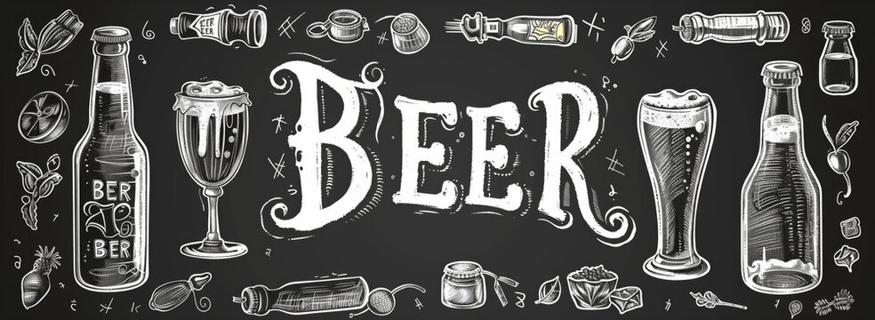 Black and white drawing of beer bottles with the word beer written in cursive letters