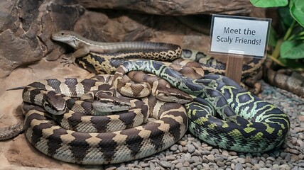 Fototapeta premium A group of diverse snakes and a lizard rest together in a natural habitat, showcasing the beauty of reptile diversity. 