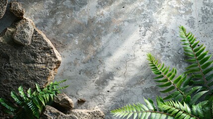 Sunlit rough stone, fern on concrete background with copy space.