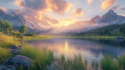 Fototapeta premium Tranquil Lake Oasis with Majestic Mountain Peaks Under a Golden Sunrise