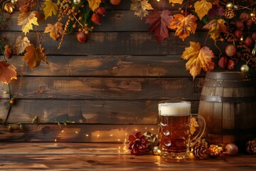 A mug of beer on a background of autumn leaves. Oktoberfest