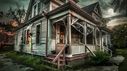 Eerie, abandoned Victorian house with cobwebs and a full moon, perfect for Halloween or horror themes. 

