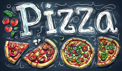 Word Pizza and pizza pieces drawn on a chalkboard background. Slices of Italian food