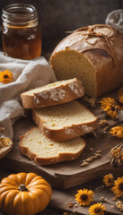 A freshly baked loaf of bread is sliced on a wooden table, accompanied by a jar of honey, small pumpkin, and scattered yellow flowers creating a cozy autumnal setting.