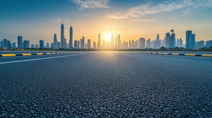 Empty Road Leading Towards City Skyline at Sunset