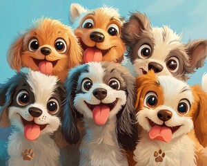 Illustration of six adorable cartoon puppies with big eyes and happy expressions, each displaying unique fur patterns and colors.