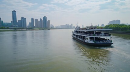 Fototapeta premium A large ferry transporting cars and passengers across a wide river, with the city skyline in the background. Calm water reflects the vessel as it moves steadily.