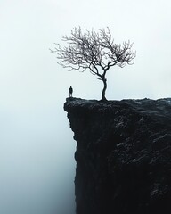 Silhouette of a person standing near a lone tree on a cliff in a foggy landscape, evoking feelings of solitude and contemplation.