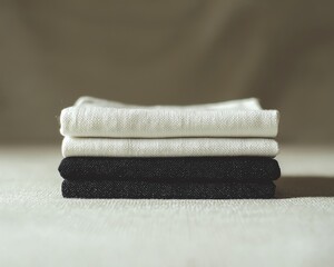 Stack of neatly folded black and white shirts on a light background, showcasing minimalistic fashion and organization.