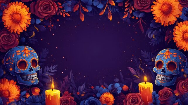 Vibrant Dia de Muertos Skulls on Floral Altar