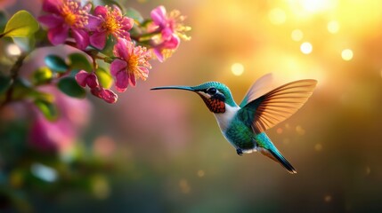 Naklejka premium Vibrant Hummingbird in Flight over Pink Garden Blooms with Soft Natural Lighting.