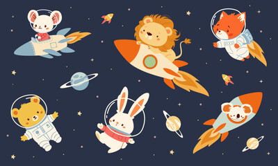 A collection of flat vector illustrations in children's style. Cute animals flying in spacesuits and on a rocket. Lion mouse bunny koala fox bear cub. Vector illustration © Alena