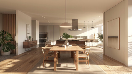 The contemporary dining room with minimalist style. white walls paired with natural wooden floor. airy and bright ambiance.