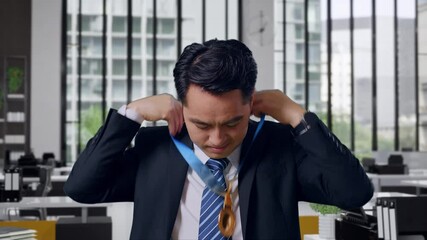Close Up Of Asian Business Man In A Suit And Tie Wearing A Gold Medal And Smiling To Camera Being Proud Winning As The First Winner In Office