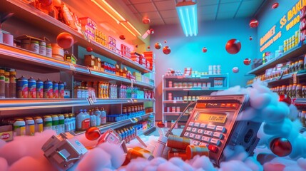 a bankrupt store with shelves melting away, products dissolving into thin air, distorted cash register, surreal lighting and colors, a dream-like atmosphere of loss and failure