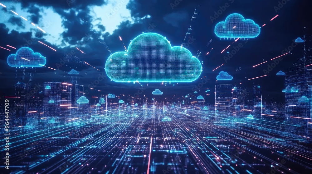 Poster global data flow through cloud computing networks, connecting cities and countries with virtualizati