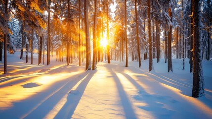 wintery forest bathed in golden hour light, with tall trees covered in snow and long shadows stretching across the ground, creating a magical scene, with ample copy space for text