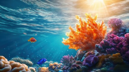Obraz premium An underwater coral reef bursting with vivid hues of orange, red, and purple, exotic fish swimming through the colorful marine life, and sunlight filtering down from the surface