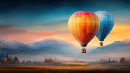 Hot air balloons, vivid colors floating over a serene landscape, misty mountains in the background, Watercolor style