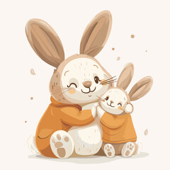 Fototapeta premium Mom bunny hugging her baby bunny cartoon style vector illustration