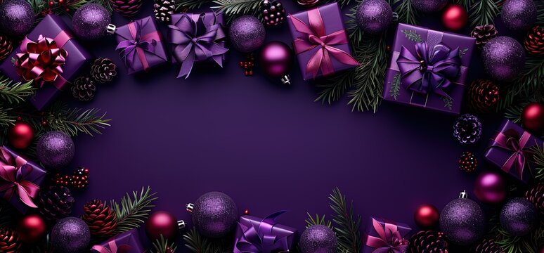 Purple Christmas background with presents, ornaments and pine branches. Perfect for festive designs and greetings.