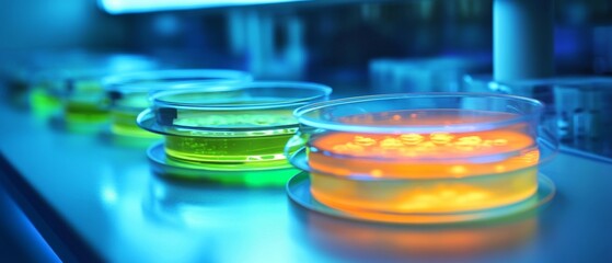 Bioengineered cell cultures in petri dishes, glowing under sterile lab lights, representing cutting-edge biotech innovation