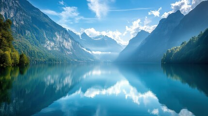 Serene Mountain Lake with Mirrored Sky and Clouds