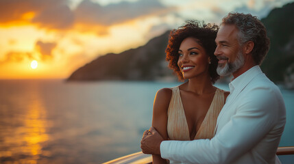 A handsome, middle aged, diverse couple who are stylishly dressed on a cruise ship balcony with a tropical island in the background