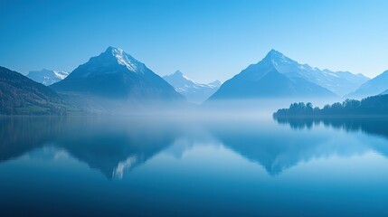 Mountain Reflections in a Still Lake with Morning Mist