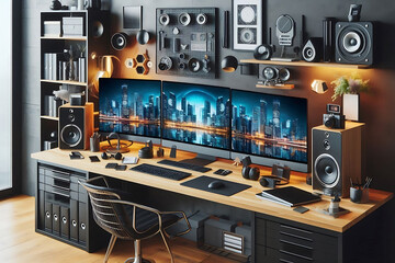 Obraz premium High-Tech Office with Multiple Monitors