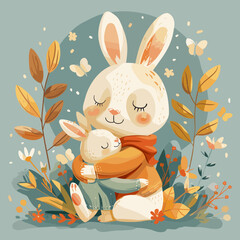 Cute cartoon rabbit with his mother in the forest. Vector illustration.