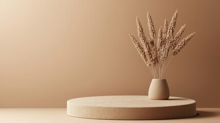 Circular podium with sand texture, warm tones featuring a vase with dried flower