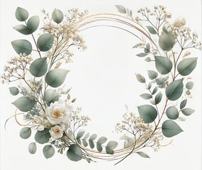 An elegant watercolor-style illustration of an oval-shaped muted green eucalyptus leaves frame