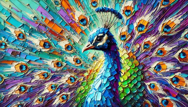 An oil painting of a peacock using thick, impasto brush strokes