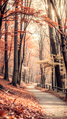 colorful autumn pathway through a forest with orange leaves and wooden fence, forest floor, Thanksgiving, Harvest Festival, Halloween