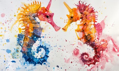 Abstract seahorses in watercolor on a white canvas.