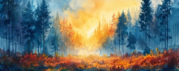 Watercolor abstract lush forest with morning light.